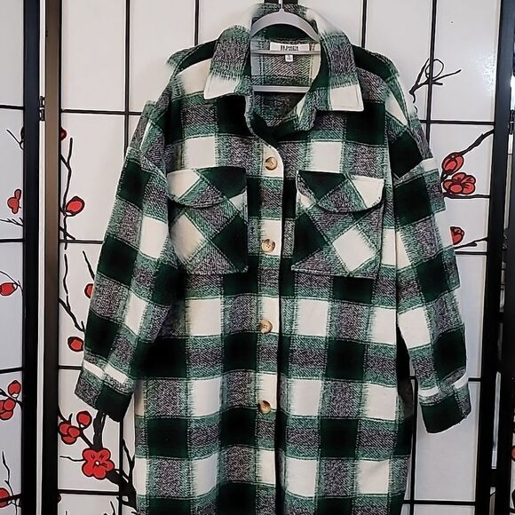 Steve Madden BB Dakota SANTA CRUZ LONG SHACKET IN GREEN PLAID VENDOR - Picture 4 of 7